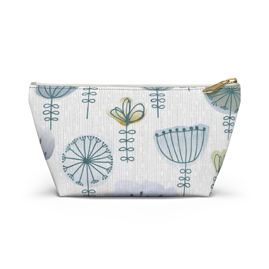 Watercolor Sketch Floral Accessory Pouch w T-bottom in Blue