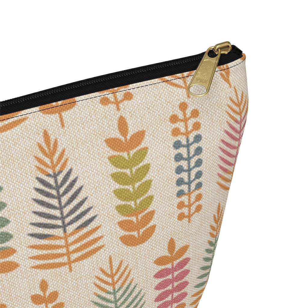 Stamped Leaves Accessory Pouch w T-bottom in Orange