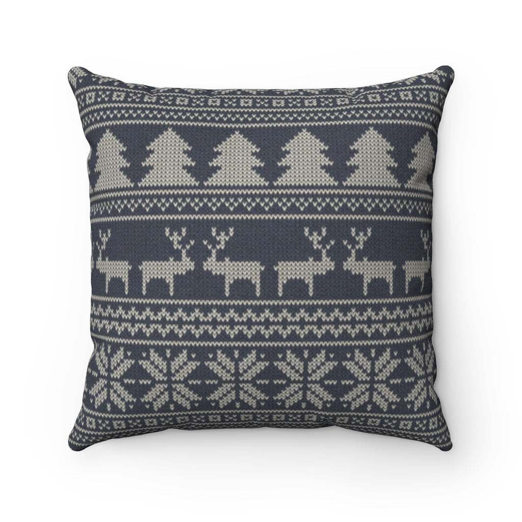 Reindeer Sweater Square Throw Pillow in Navy