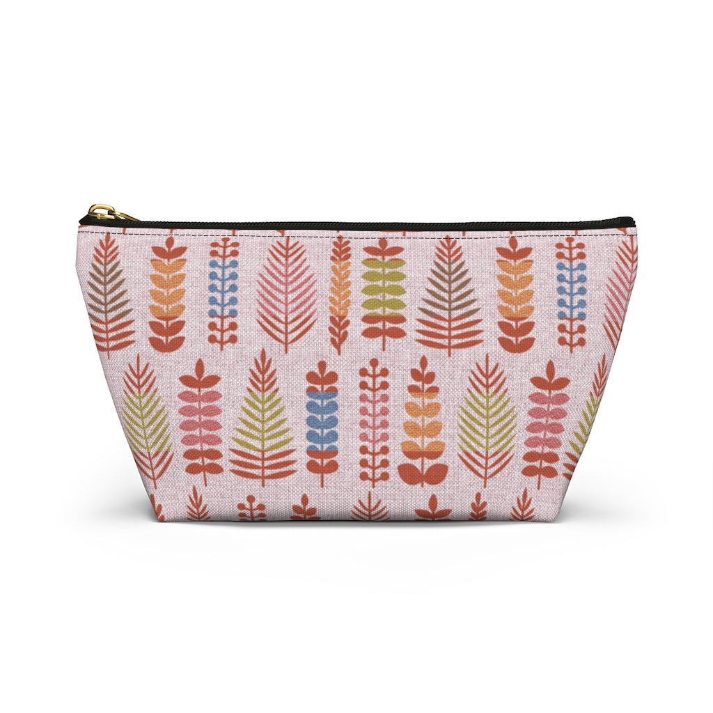 Stamped Leaves Accessory Pouch w T-bottom in Red