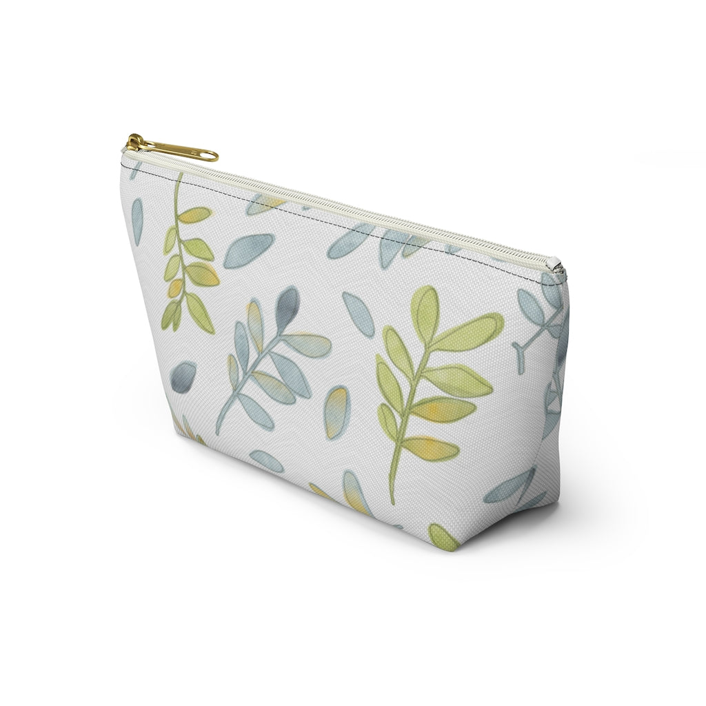 Watercolor Tossed Leaves Accessory Pouch w T-bottom in Aqua