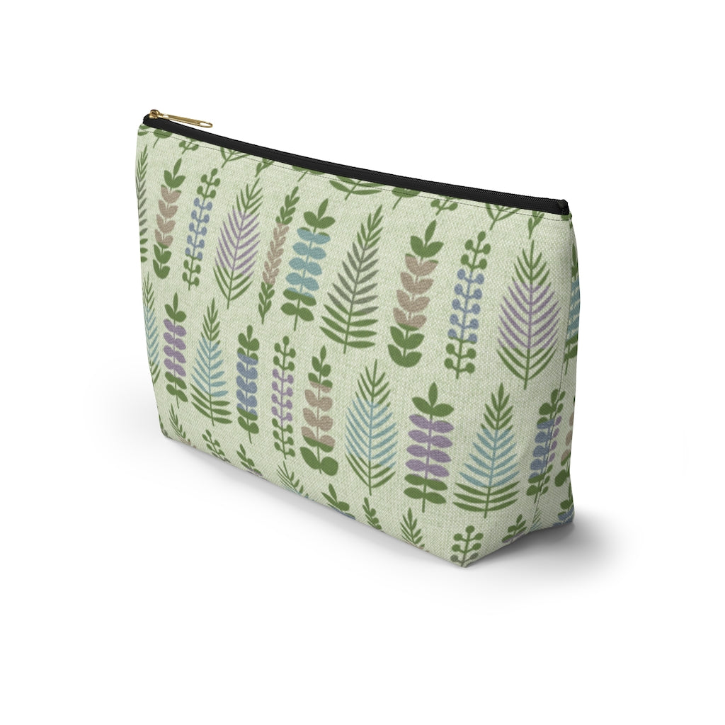 Stamped Leaves Accessory Pouch w T-bottom in Green