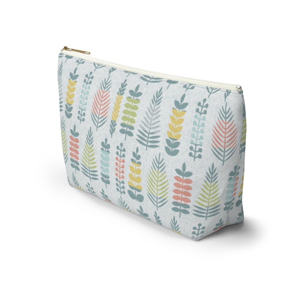 Stamped Leaves Accessory Pouch w T-bottom in Aqua