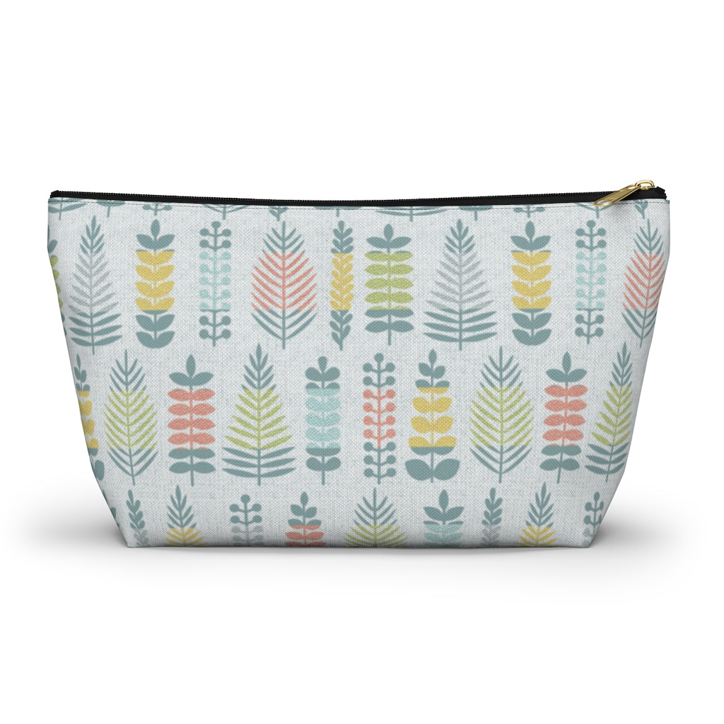 Stamped Leaves Accessory Pouch w T-bottom in Aqua