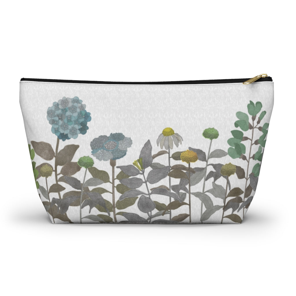 Illustrated Flowers Accessory Pouch w T-bottom in Brown