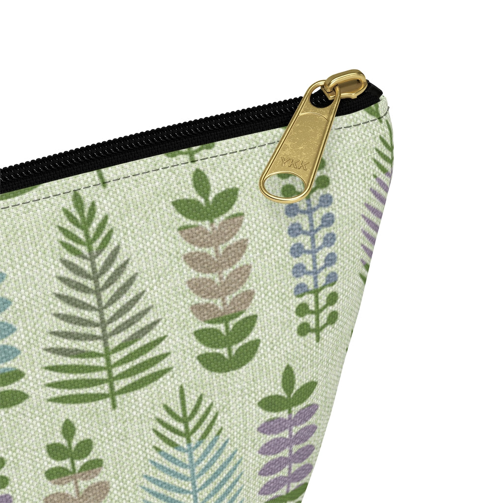 Stamped Leaves Accessory Pouch w T-bottom in Green