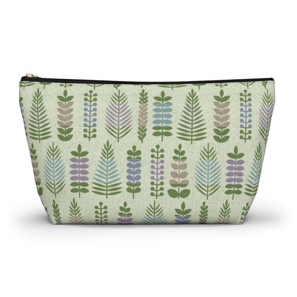 Stamped Leaves Accessory Pouch w T-bottom in Green