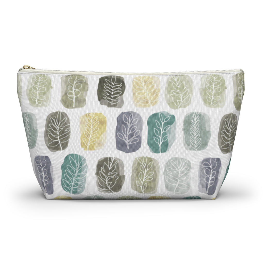 Watercolor Leaf Stamp Accessory Pouch w T-bottom in Teal