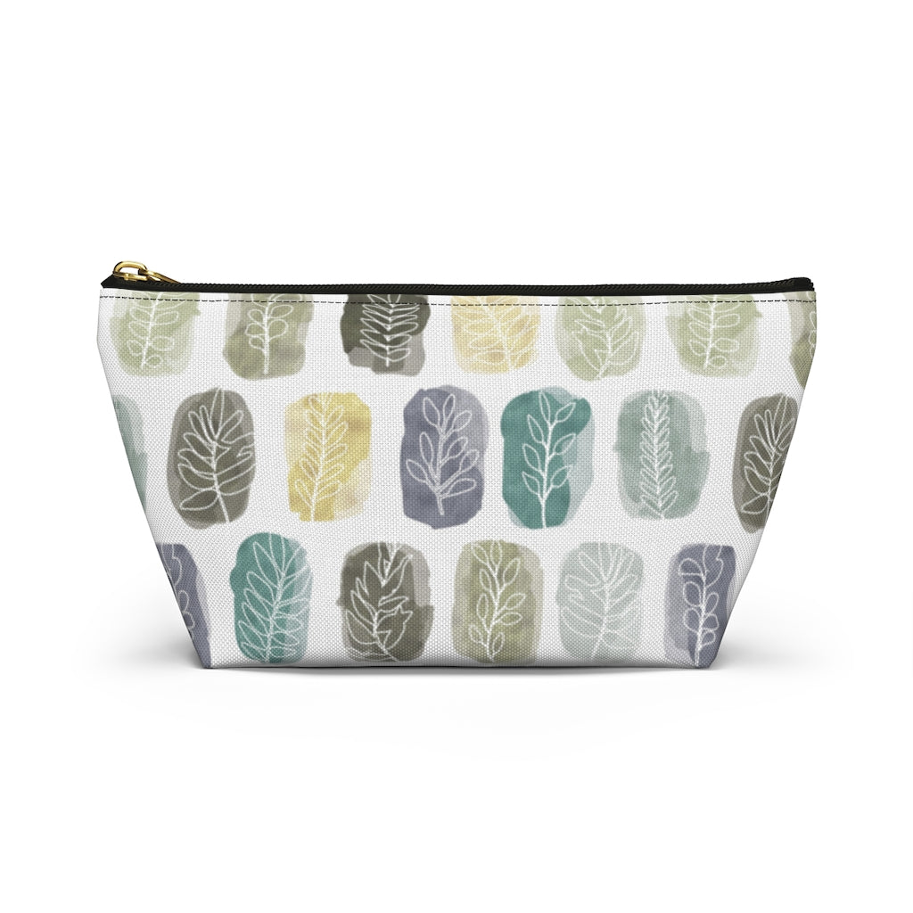 Watercolor Leaf Stamp Accessory Pouch w T-bottom in Teal