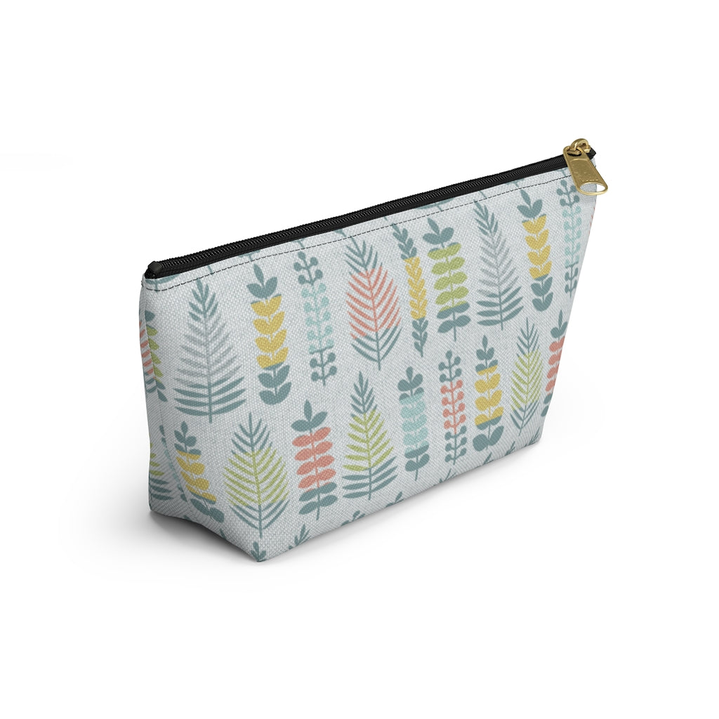 Stamped Leaves Accessory Pouch w T-bottom in Aqua