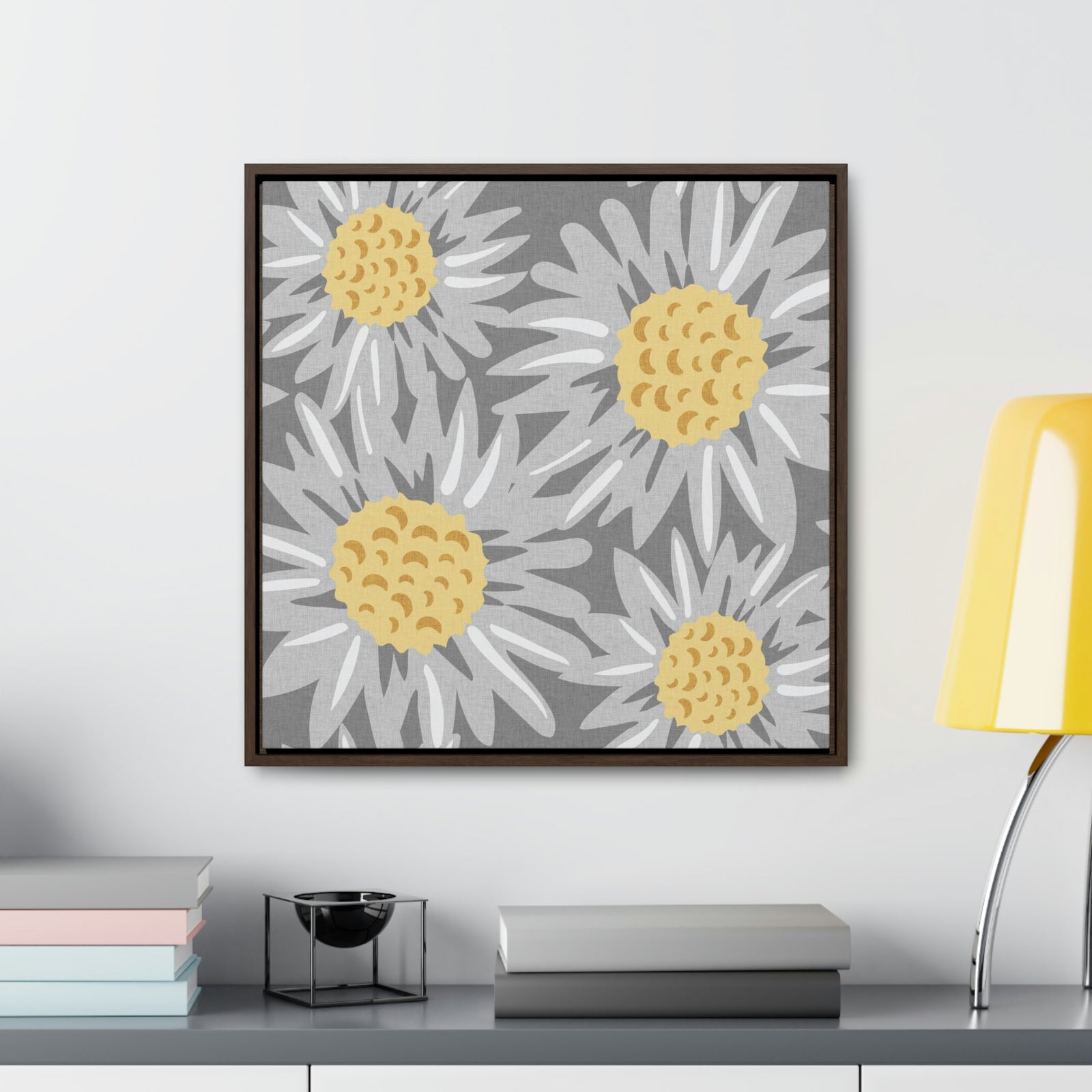Floral Sunflower Framed Gallery Wrap Canvas in Gray