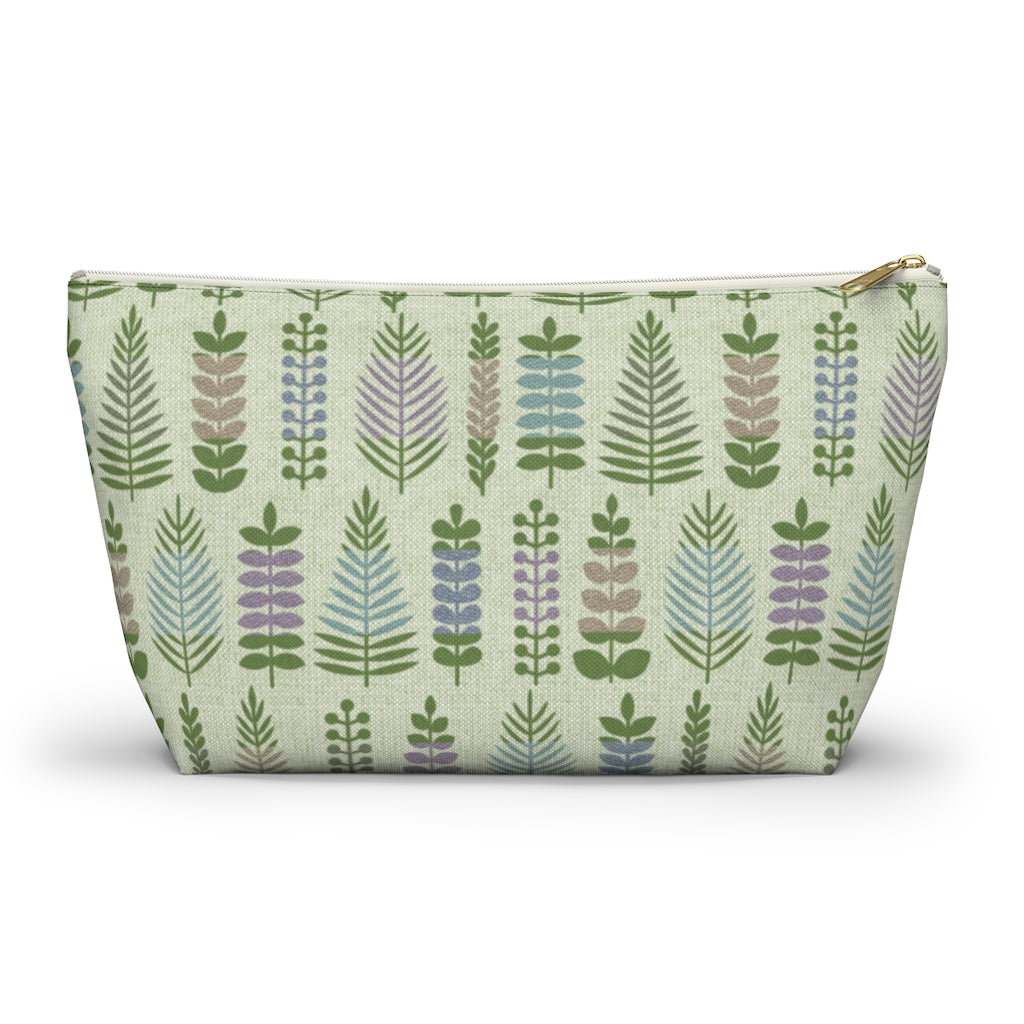Stamped Leaves Accessory Pouch w T-bottom in Green