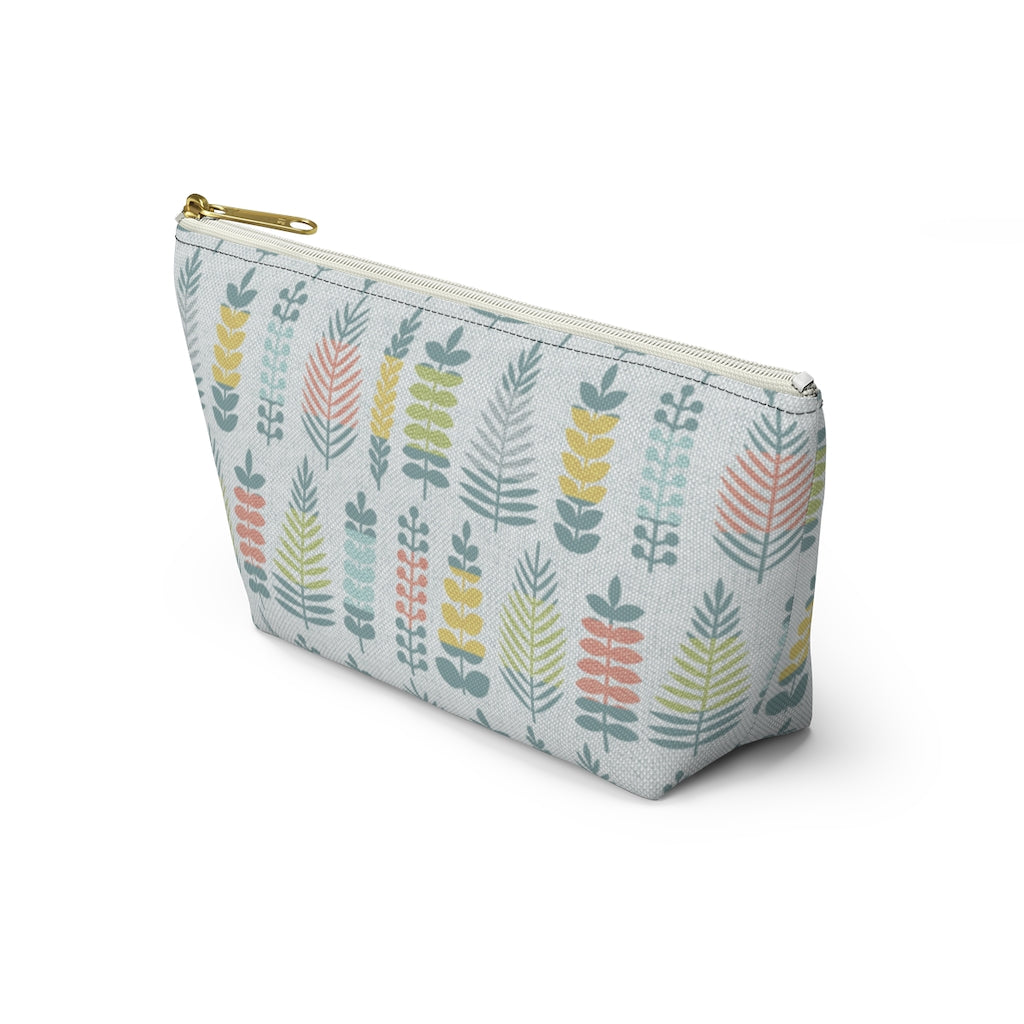Stamped Leaves Accessory Pouch w T-bottom in Aqua