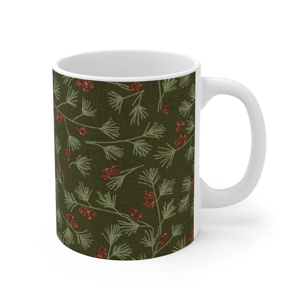 Pine and Berries Mug in Olive Green