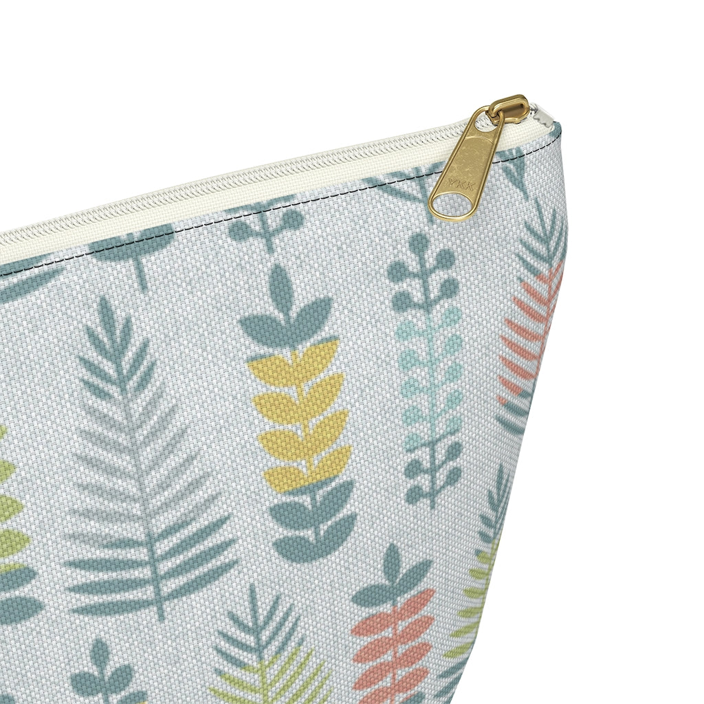 Stamped Leaves Accessory Pouch w T-bottom in Aqua