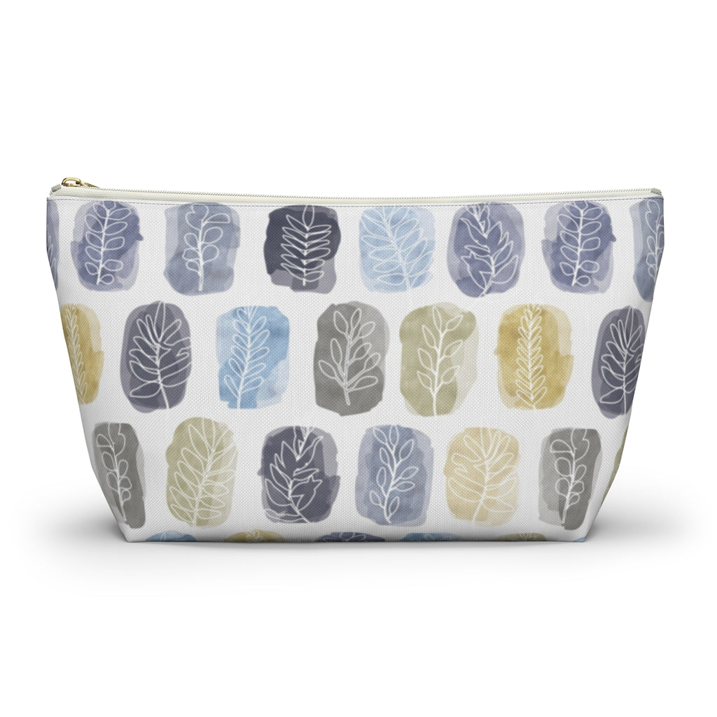 Watercolor Leaf Stamp Accessory Pouch w T-bottom in Navy