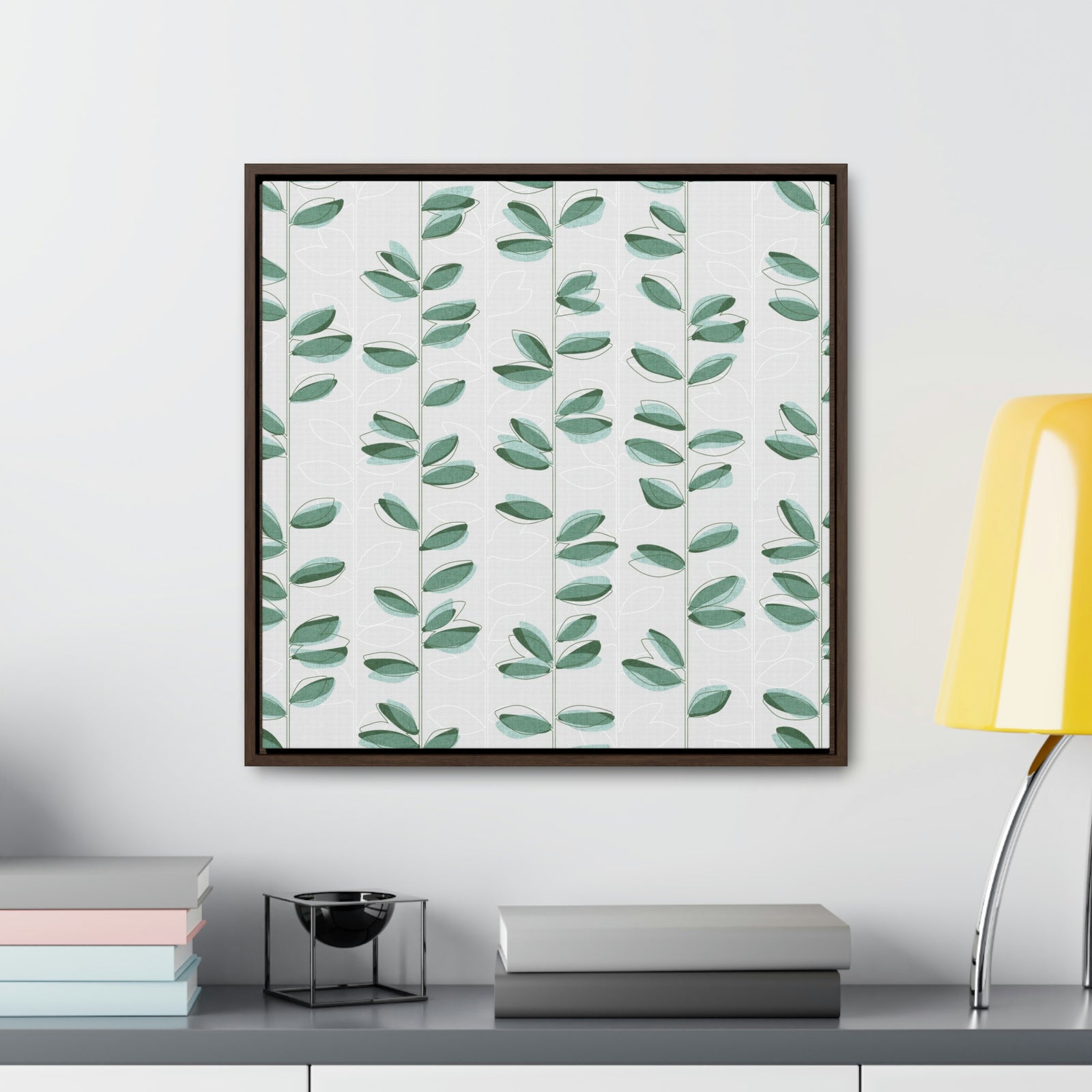 Watercolor Leaf Vines Framed Gallery Wrap Canvas in Teal
