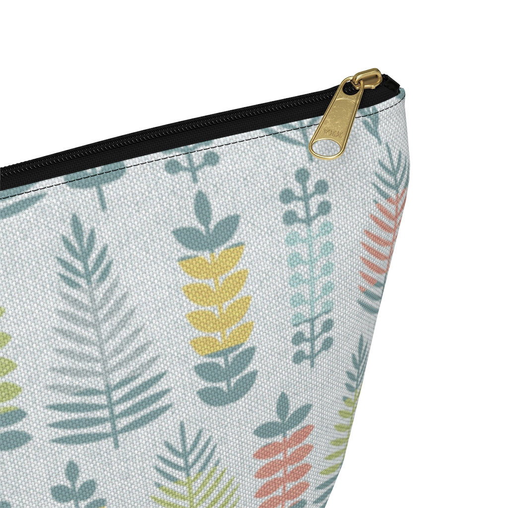 Stamped Leaves Accessory Pouch w T-bottom in Aqua