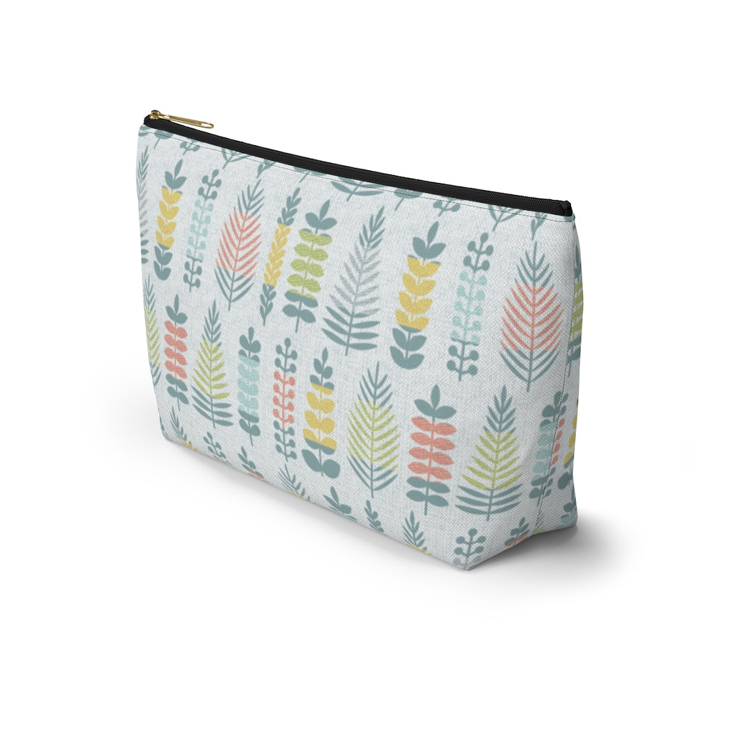 Stamped Leaves Accessory Pouch w T-bottom in Aqua