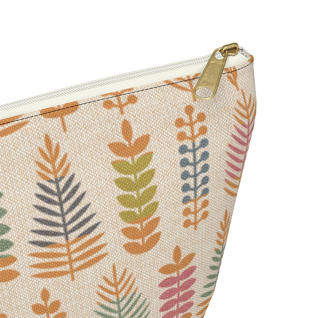Stamped Leaves Accessory Pouch w T-bottom in Orange