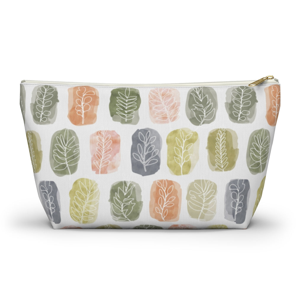 Watercolor Leaf Stamp Accessory Pouch w T-bottom in Green