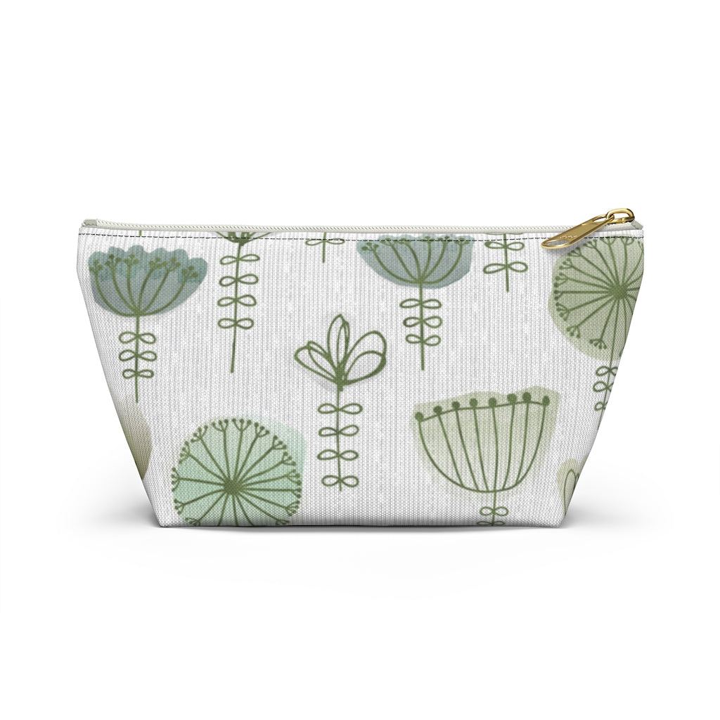 Watercolor Sketch Floral Accessory Pouch w T-bottom in Green
