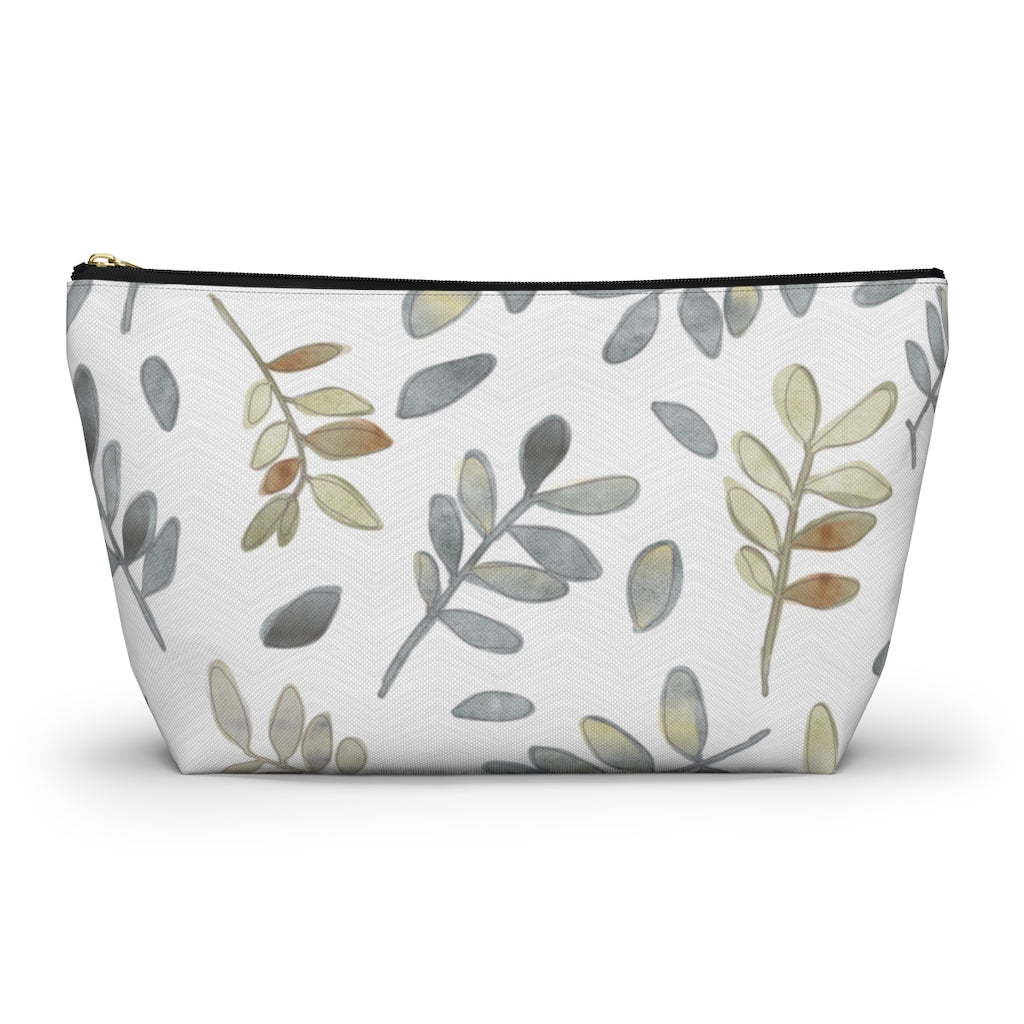 Watercolor Tossed Leaves Accessory Pouch w T-bottom in Gray