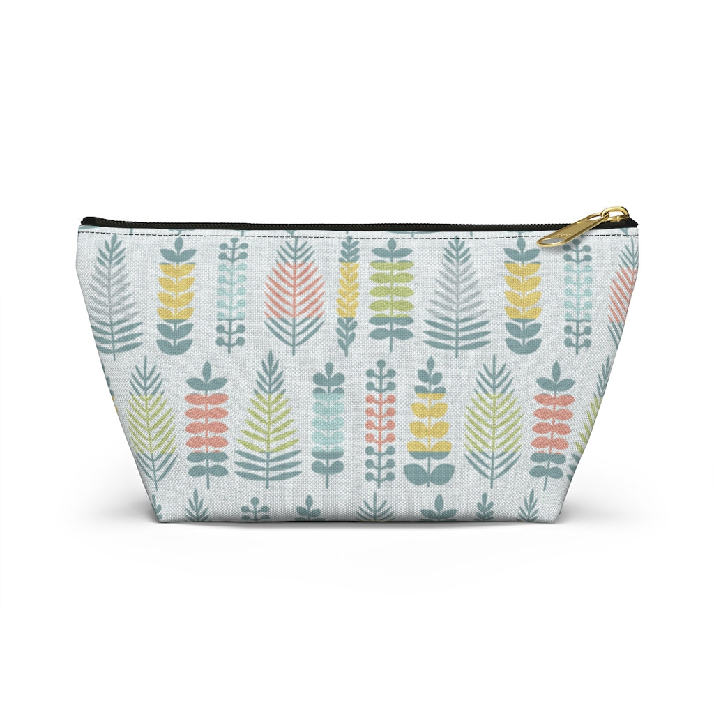 Stamped Leaves Accessory Pouch w T-bottom in Aqua