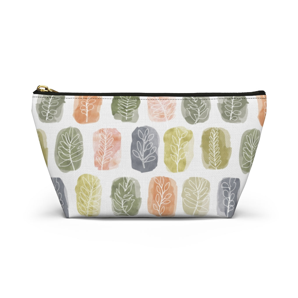 Watercolor Leaf Stamp Accessory Pouch w T-bottom in Green