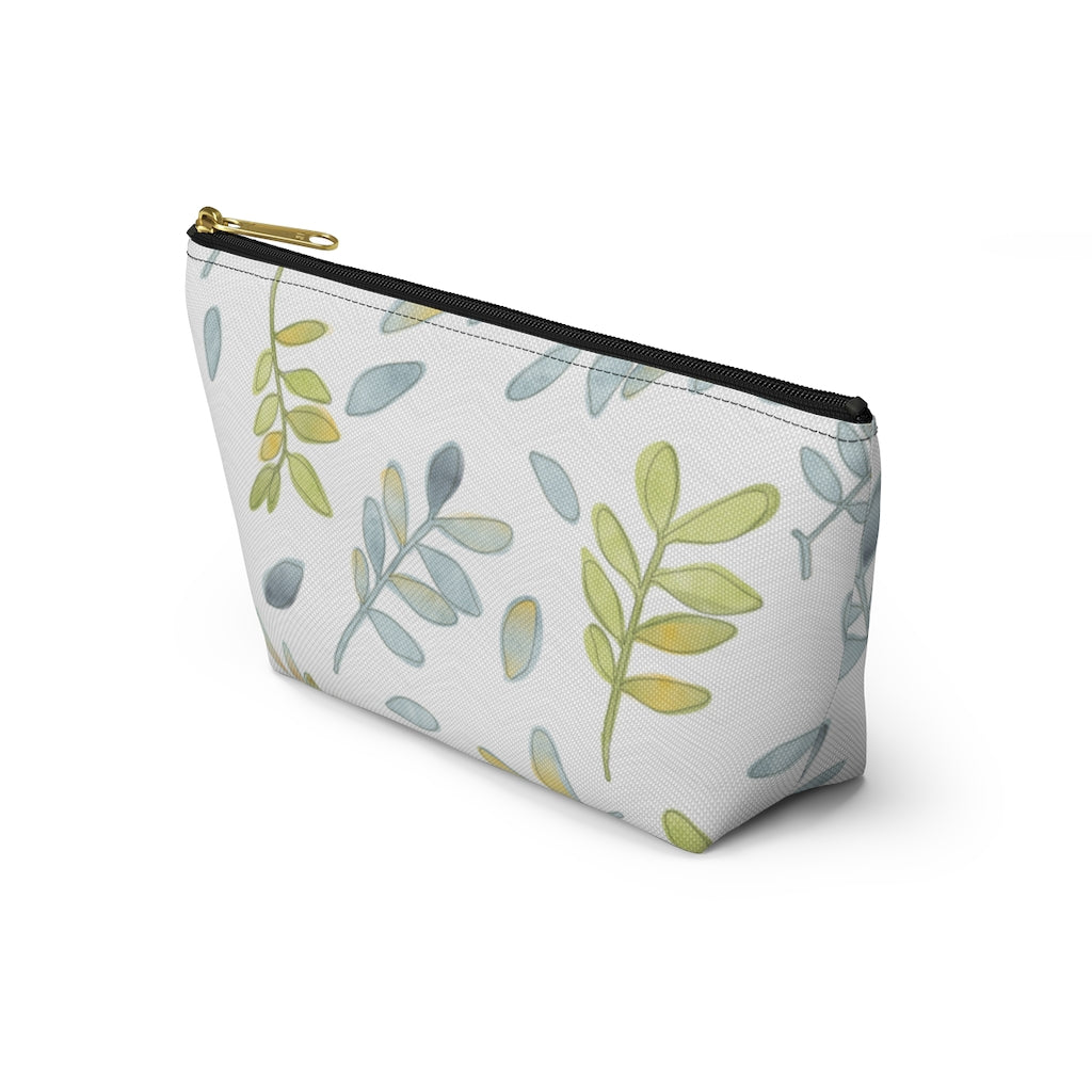 Watercolor Tossed Leaves Accessory Pouch w T-bottom in Aqua