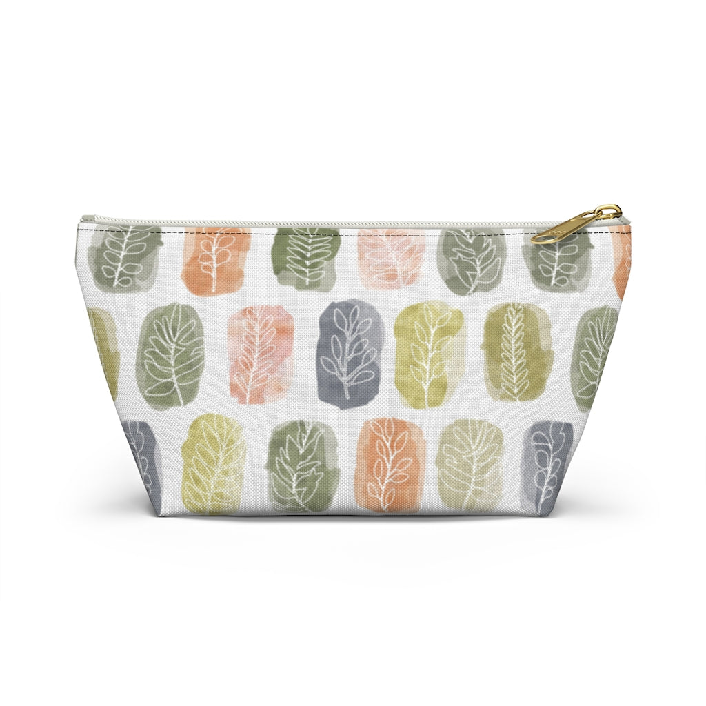Watercolor Leaf Stamp Accessory Pouch w T-bottom in Green