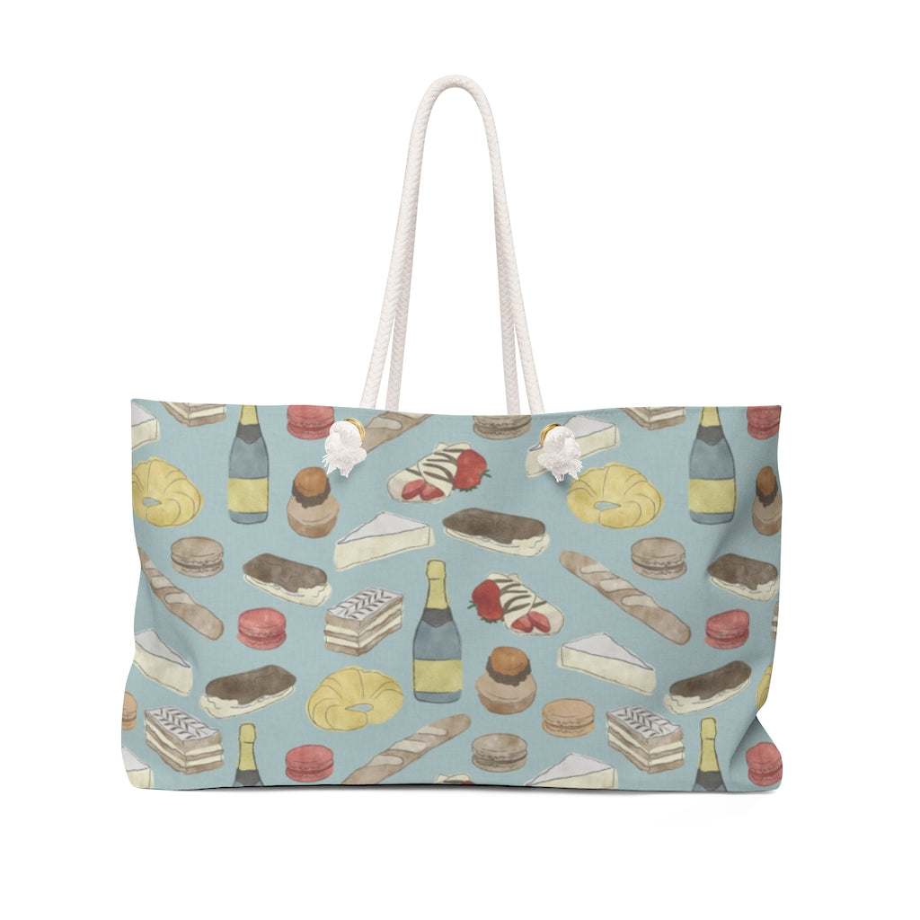 Watercolor French Pastries Weekender Bag in Aqua