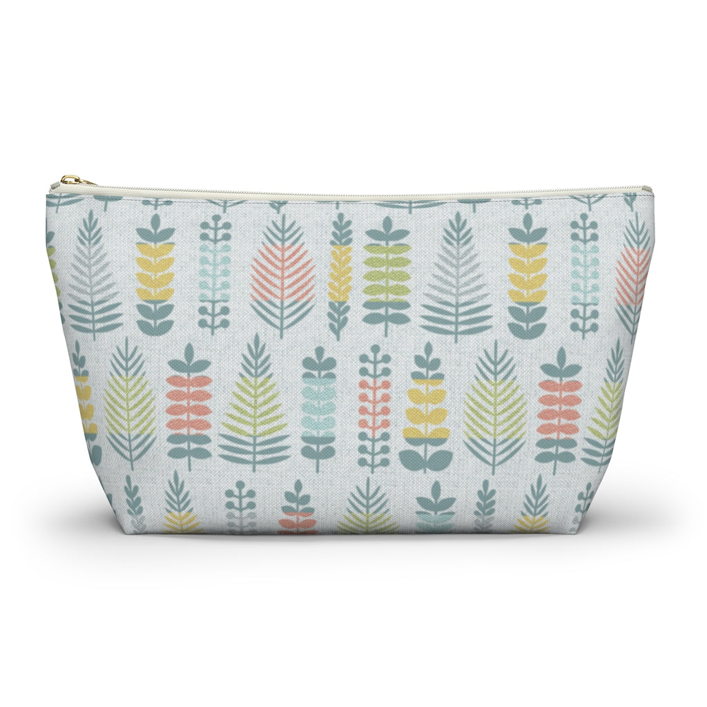 Stamped Leaves Accessory Pouch w T-bottom in Aqua