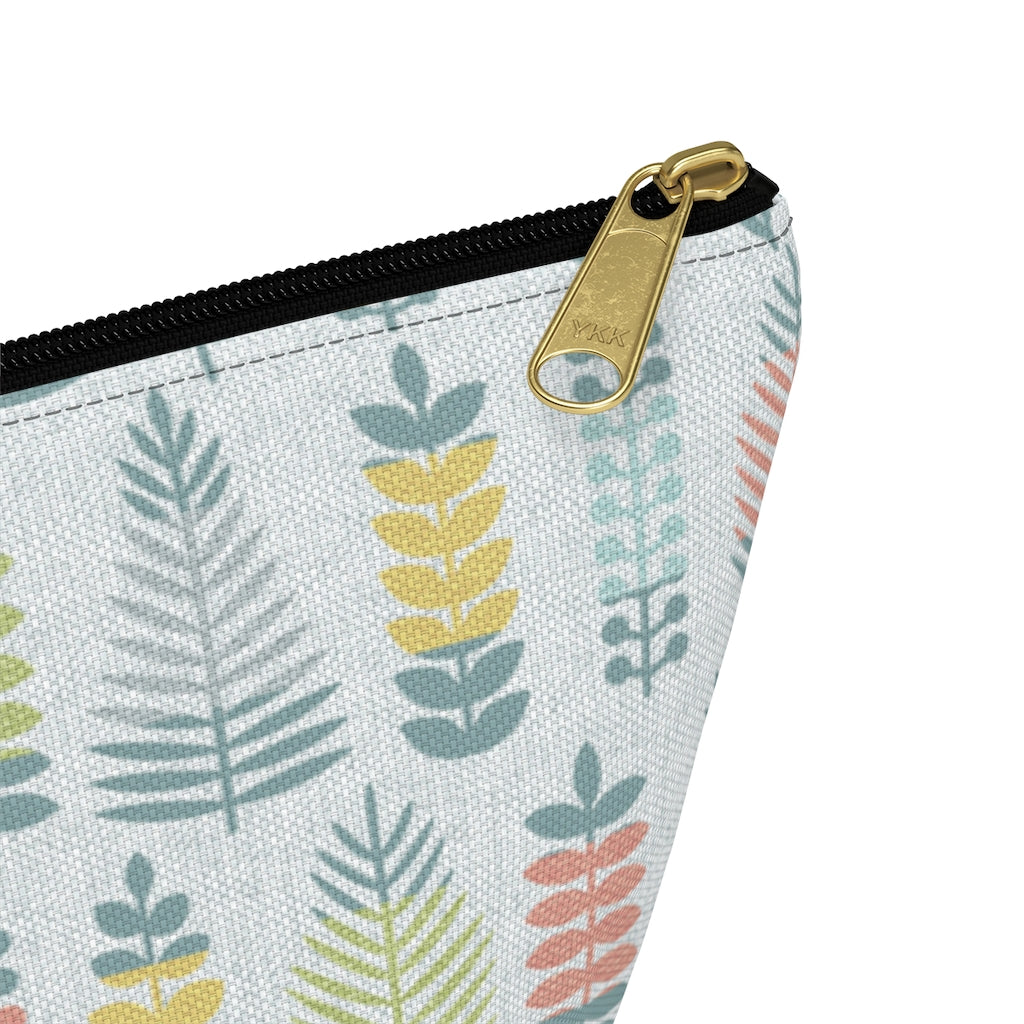 Stamped Leaves Accessory Pouch w T-bottom in Aqua