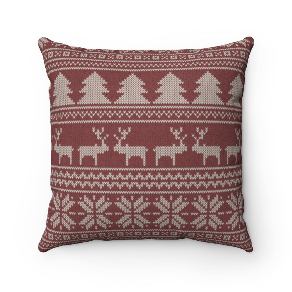 Reindeer Sweater Square Throw Pillow in Red