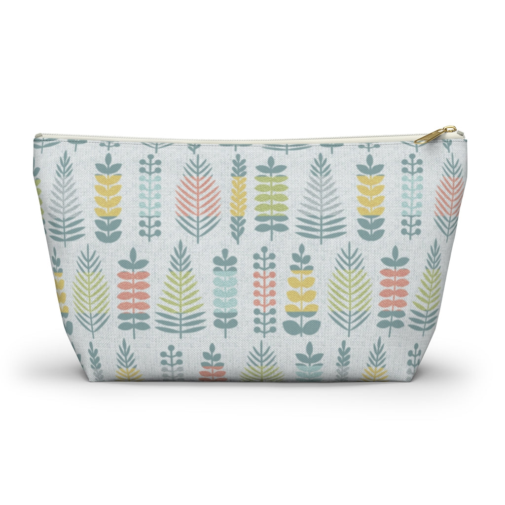 Stamped Leaves Accessory Pouch w T-bottom in Aqua