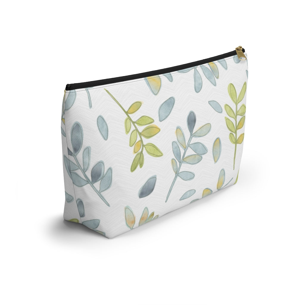 Watercolor Tossed Leaves Accessory Pouch w T-bottom in Aqua