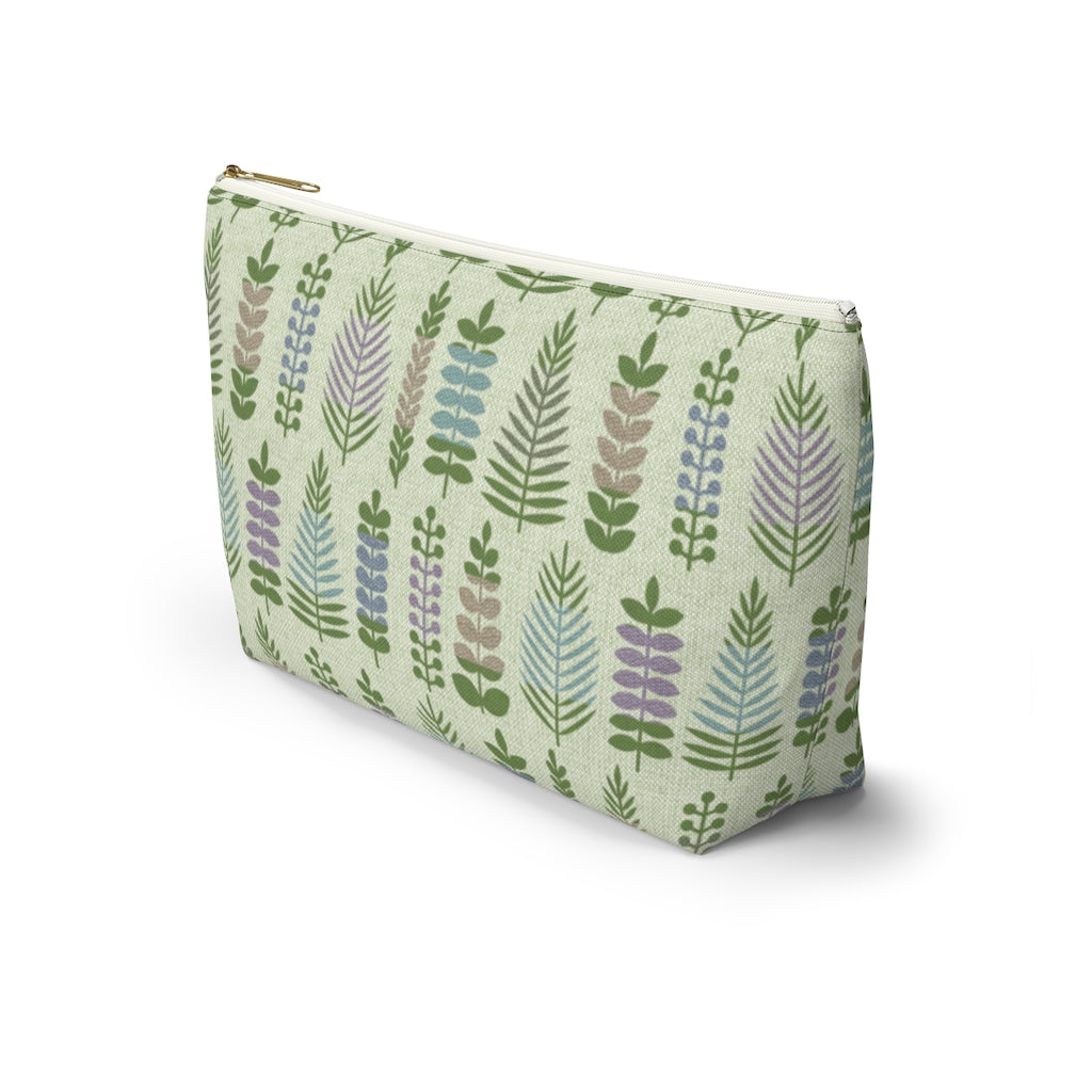 Stamped Leaves Accessory Pouch w T-bottom in Green