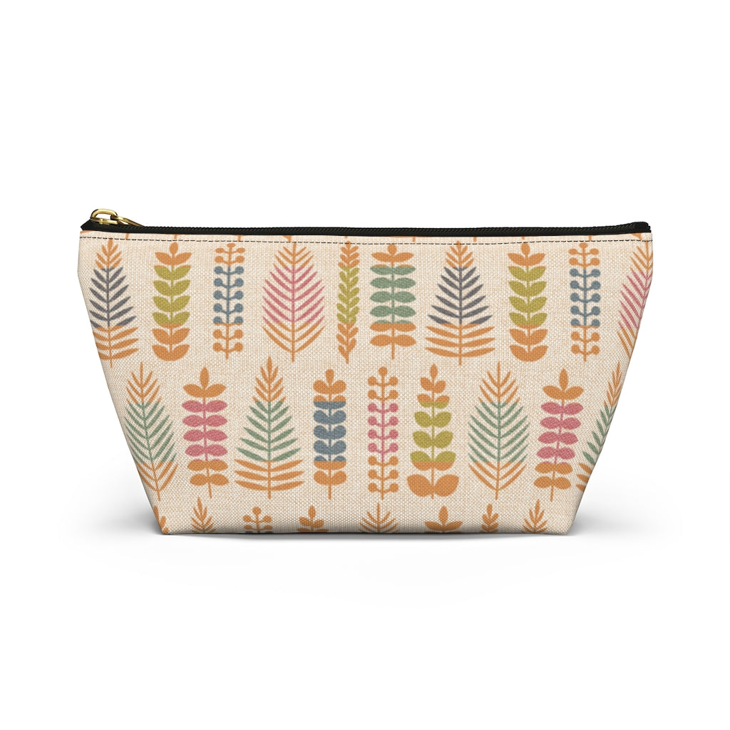 Stamped Leaves Accessory Pouch w T-bottom in Orange