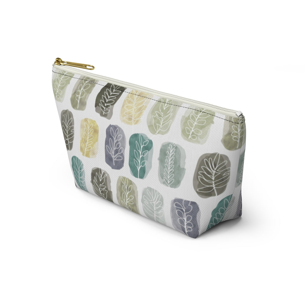 Watercolor Leaf Stamp Accessory Pouch w T-bottom in Teal