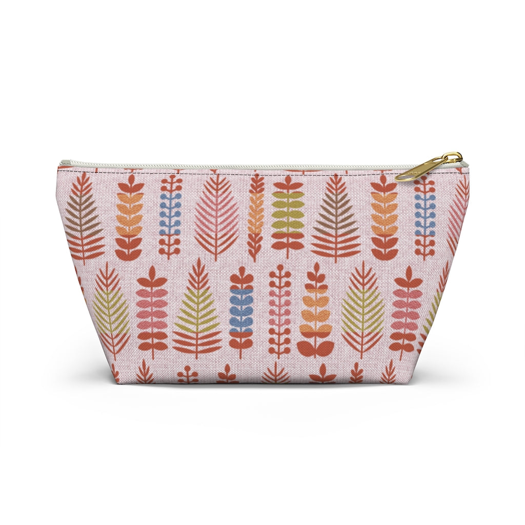 Stamped Leaves Accessory Pouch w T-bottom in Red