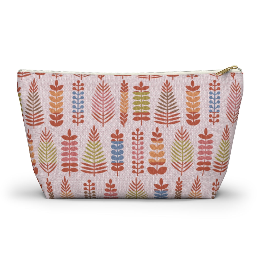 Stamped Leaves Accessory Pouch w T-bottom in Red