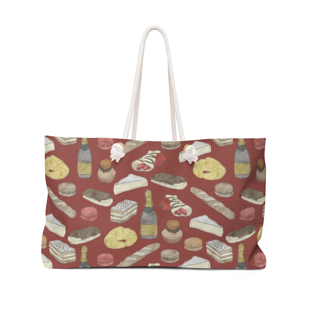 Watercolor French Pastries Weekender Bag in Red