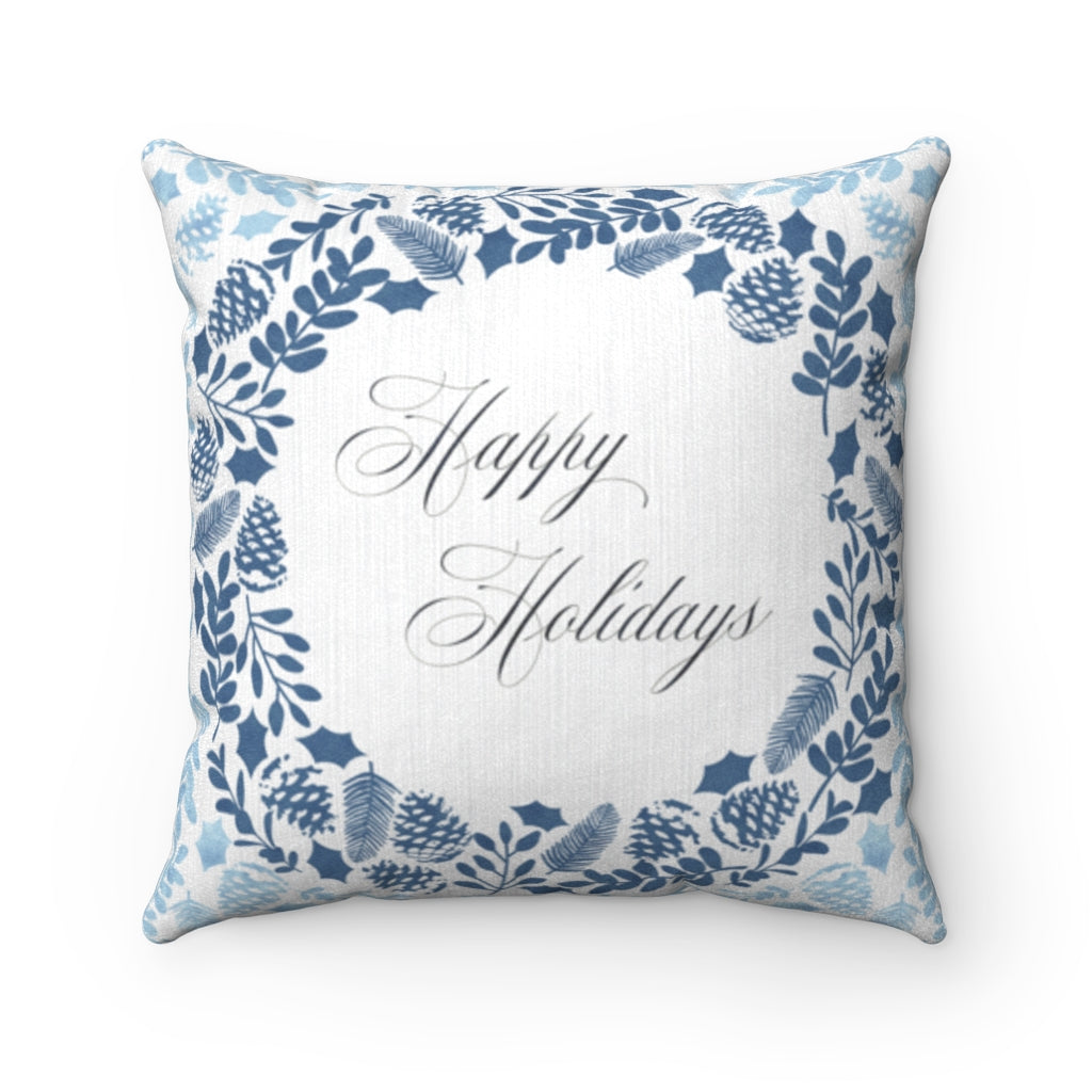 Holiday Wreath Square Throw Pillow in Blue