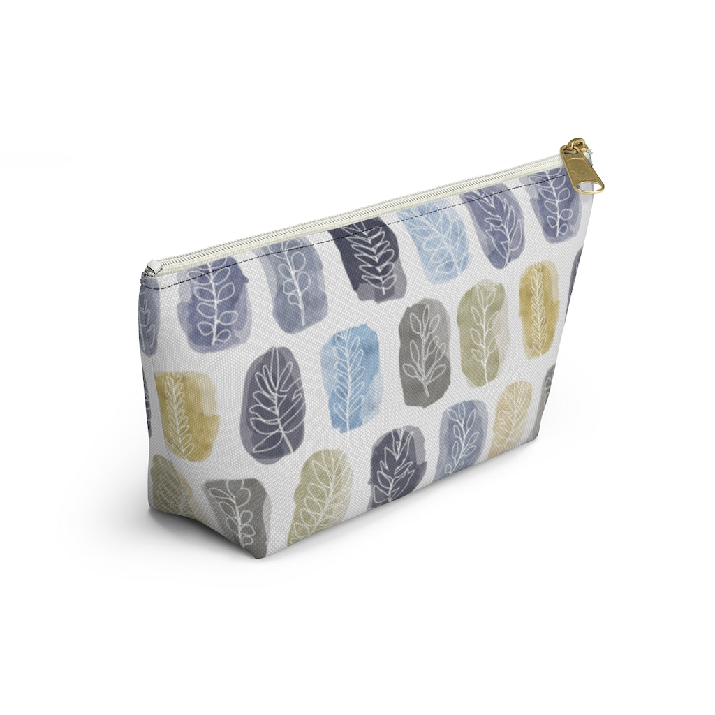 Watercolor Leaf Stamp Accessory Pouch w T-bottom in Navy
