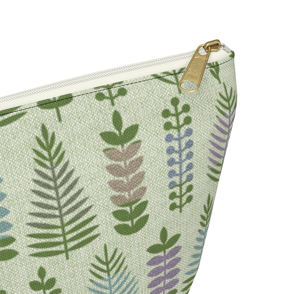 Stamped Leaves Accessory Pouch w T-bottom in Green