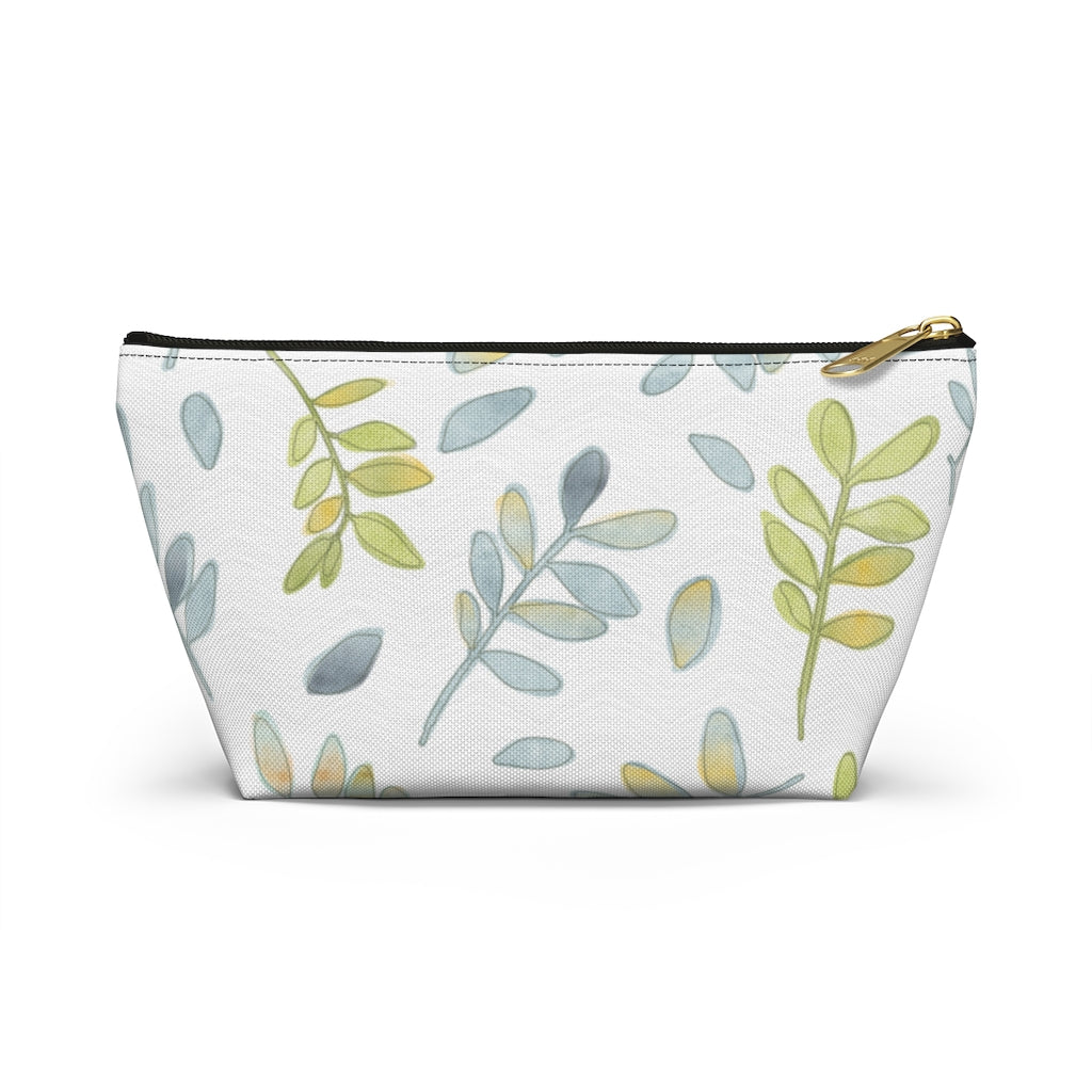 Watercolor Tossed Leaves Accessory Pouch w T-bottom in Aqua