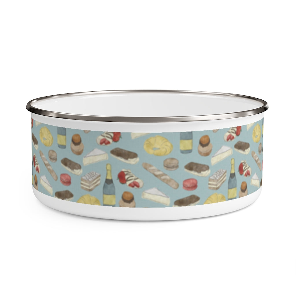 Watercolor French Pastries Enamel Bowl in Aqua
