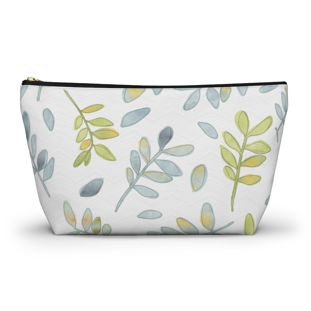 Watercolor Tossed Leaves Accessory Pouch w T-bottom in Aqua