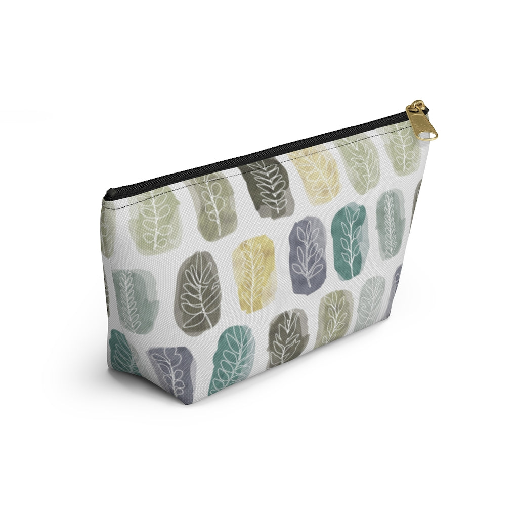 Watercolor Leaf Stamp Accessory Pouch w T-bottom in Teal